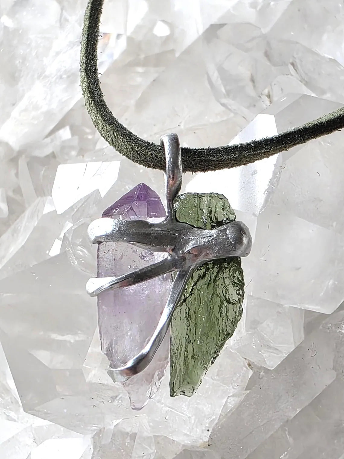 Harmony Pendant Moldavite & Amethyst, Nesměň, 0.95g