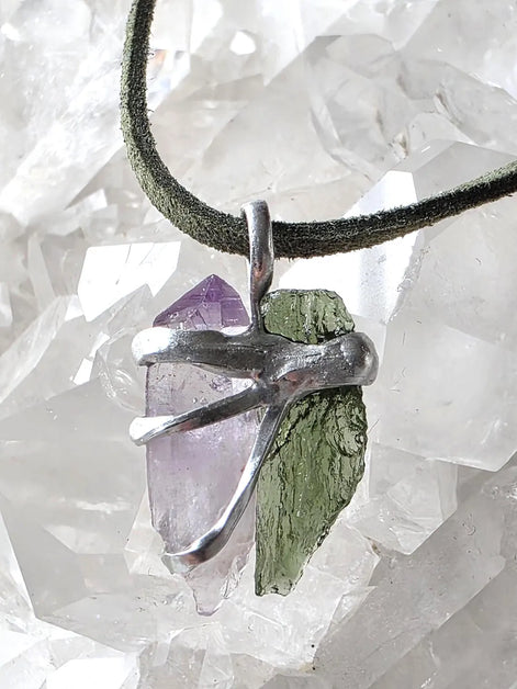 Harmony Pendant Moldavite & Amethyst, Nesměň, 0.95g