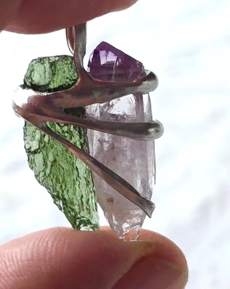 Harmony Pendant Moldavite & Amethyst, Nesměň, 0.95g
