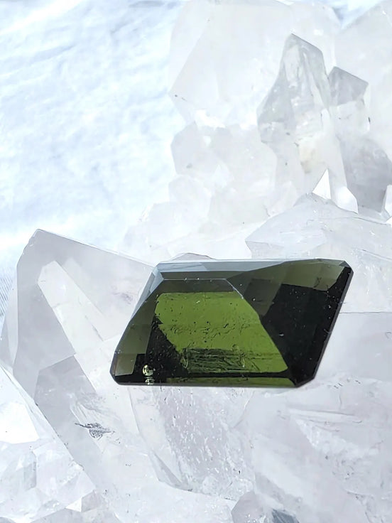 Faceted Emerald Cut Moldavite Stone, Chlum, 3.05g