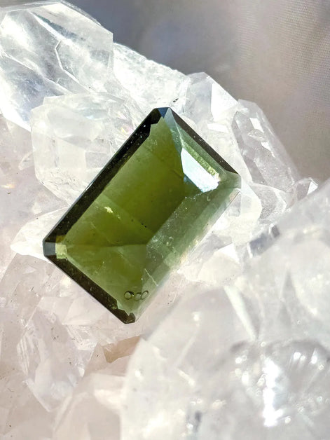 Faceted Emerald Cut Moldavite Stone, Chlum, 3.05g