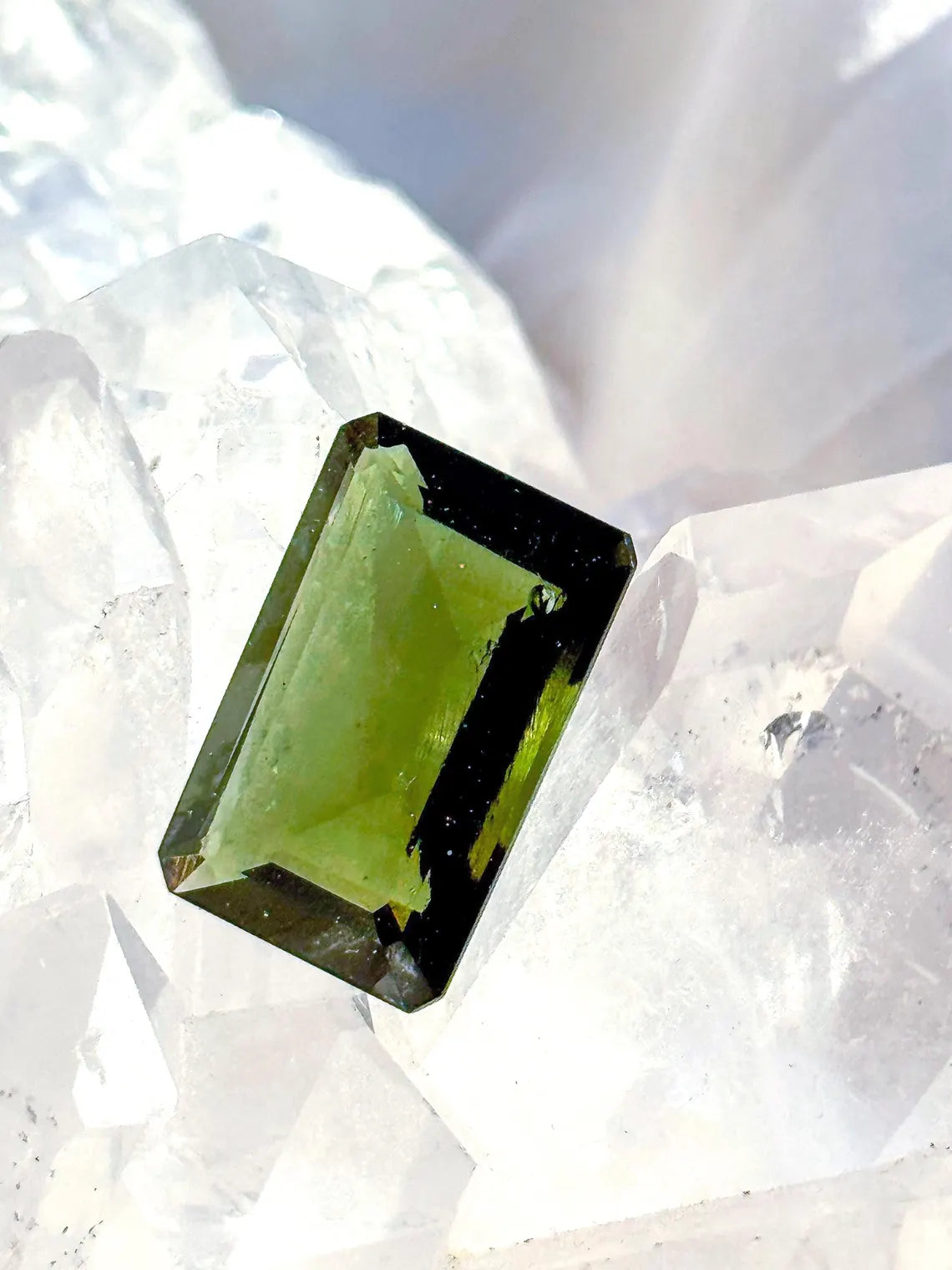Faceted Emerald Cut Moldavite Stone, Chlum, 3.05g