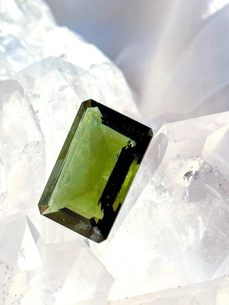 Faceted Emerald Cut Moldavite Stone, Chlum, 3.05g