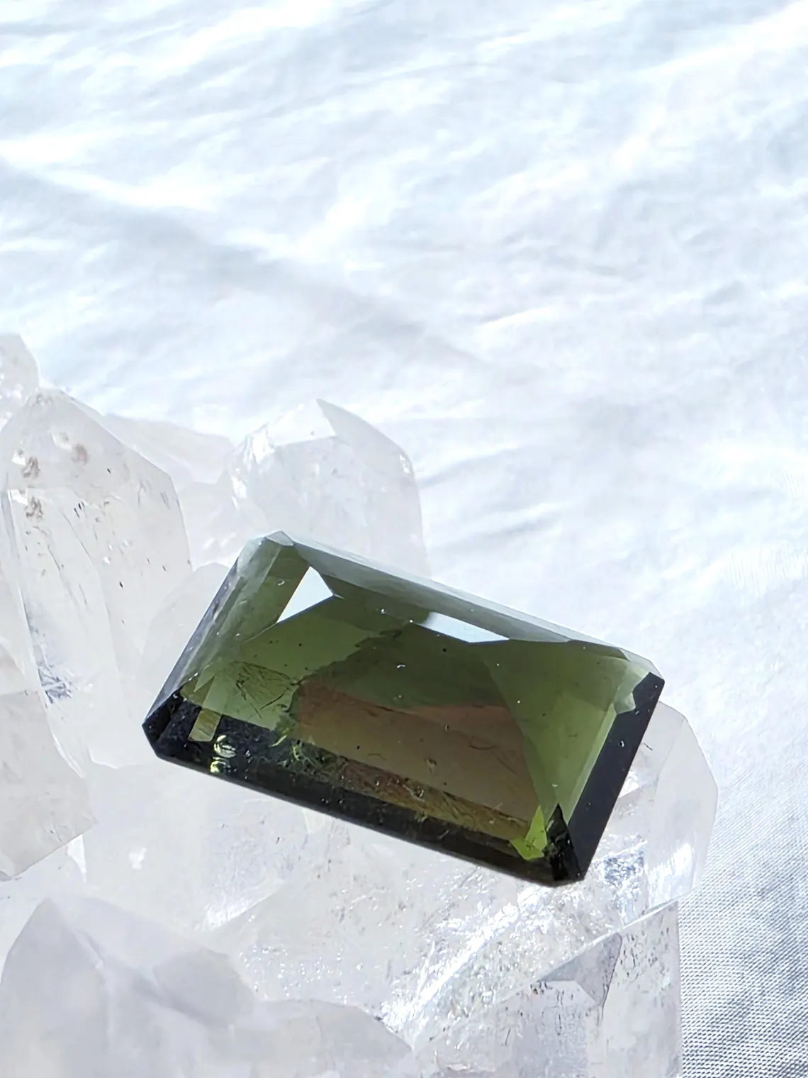 Faceted Emerald Cut Moldavite Stone, Chlum, 3.05g