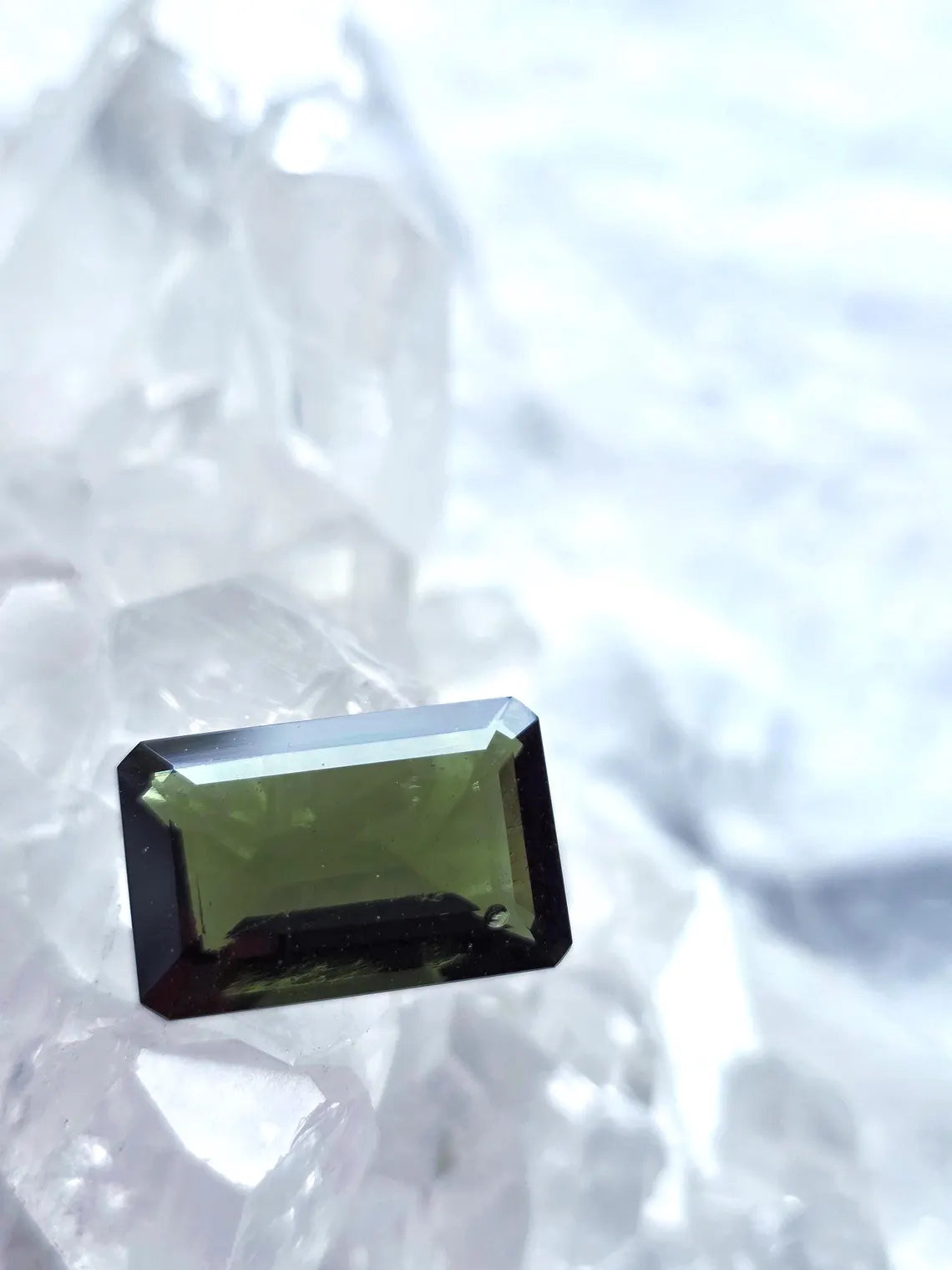 Faceted Emerald Cut Moldavite Stone, Chlum, 3.05g