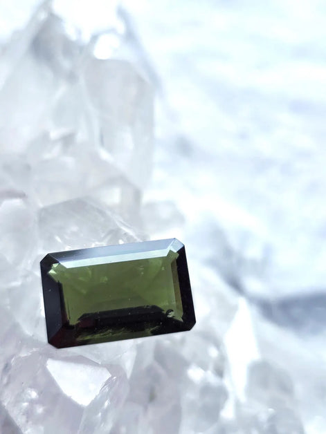 Faceted Emerald Cut Moldavite Stone, Chlum, 3.05g