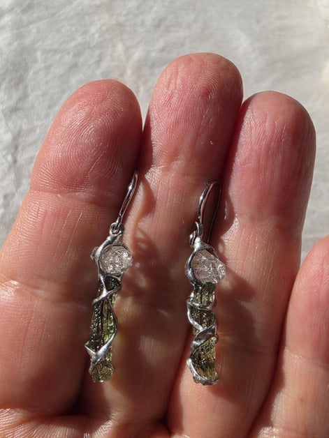 Raw Moldavite & Herkimer Diamond Earrings, Chlum, 0.80g