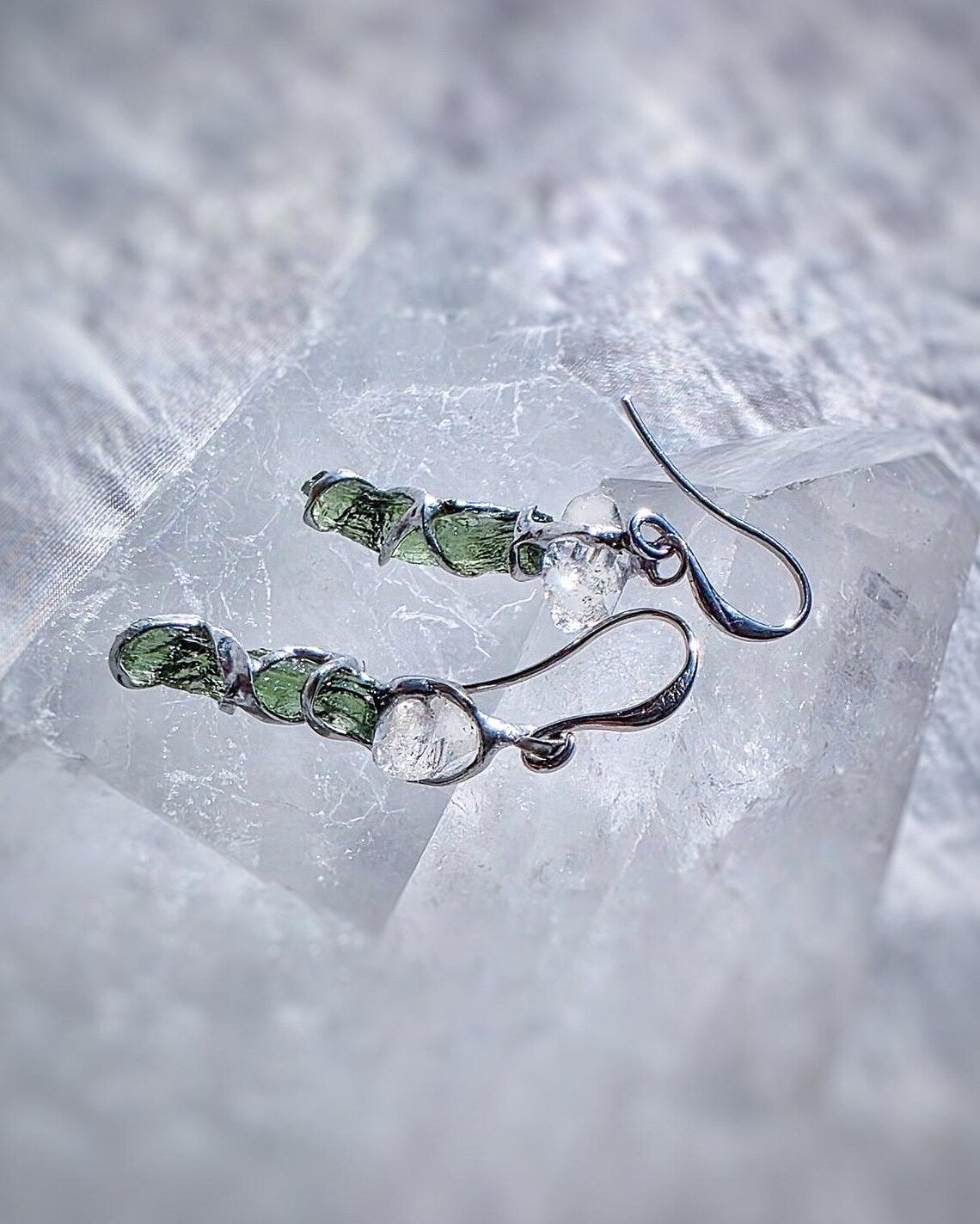 Raw Moldavite & Herkimer Diamond Earrings, Chlum, 0.80g