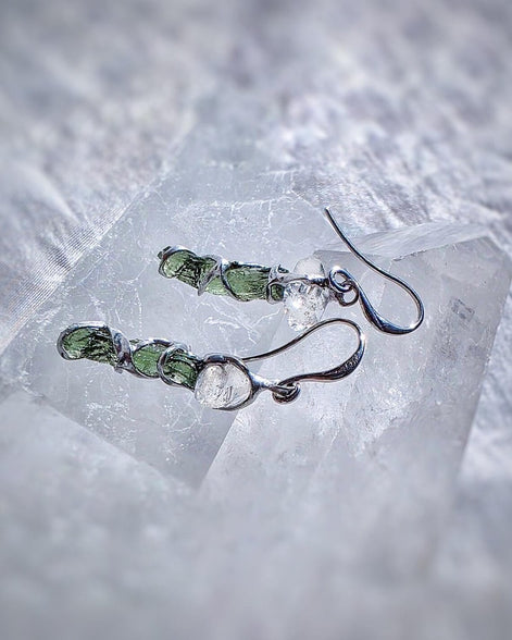Raw Moldavite & Herkimer Diamond Earrings, Chlum, 0.80g