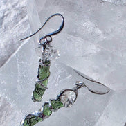 Raw Moldavite & Herkimer Diamond Earrings, Chlum, 0.80g