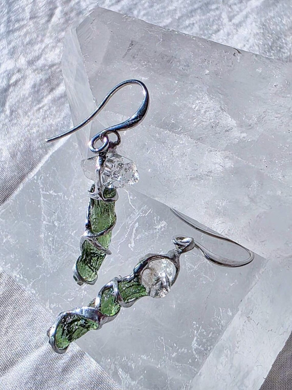 Raw Moldavite & Herkimer Diamond Earrings, Chlum, 0.80g