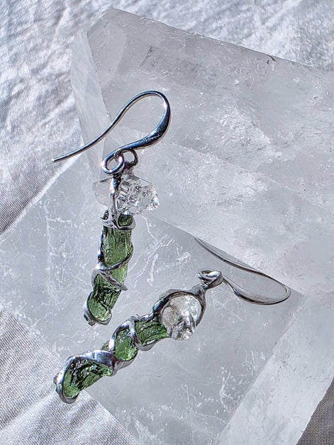 Raw Moldavite & Herkimer Diamond Earrings, Chlum, 0.80g