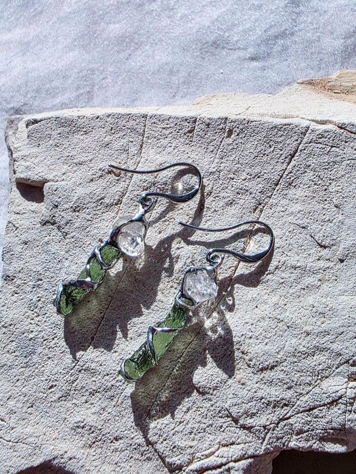 Raw Moldavite & Herkimer Diamond Earrings, Chlum, 0.80g