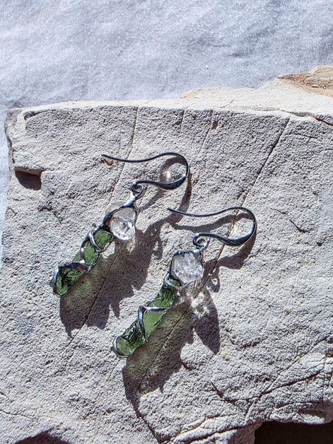Raw Moldavite & Herkimer Diamond Earrings, Chlum, 0.80g