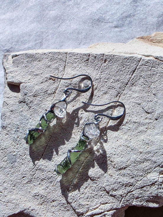 Raw Moldavite & Herkimer Diamond Earrings, Chlum, 0.80g