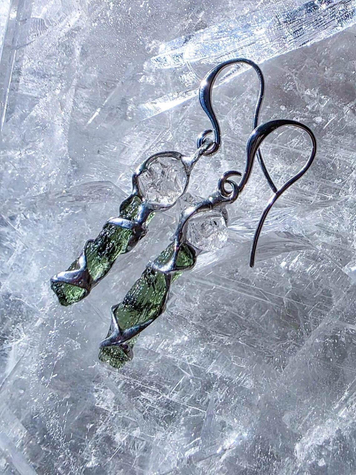 Raw Moldavite & Herkimer Diamond Earrings, Chlum, 0.80g