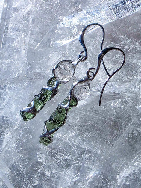 Raw Moldavite & Herkimer Diamond Earrings, Chlum, 0.80g