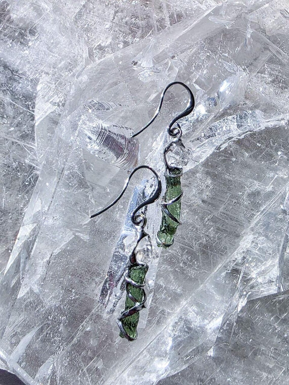 Raw Moldavite & Herkimer Diamond Earrings, Chlum, 0.80g