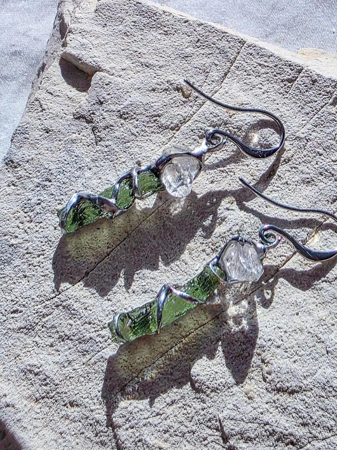 Raw Moldavite & Herkimer Diamond Earrings, Chlum, 0.80g