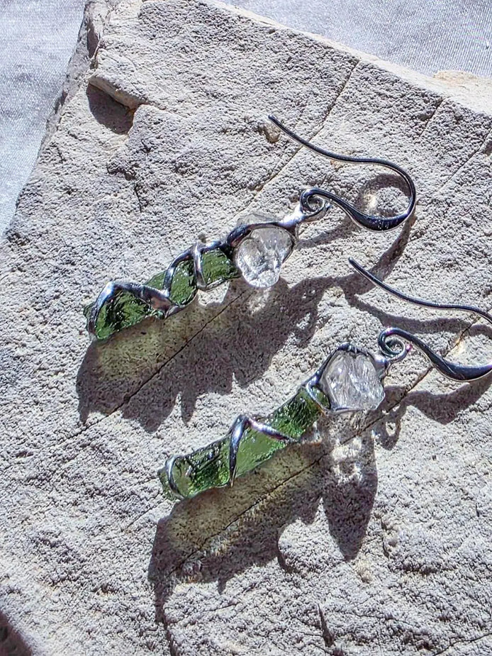 Raw Moldavite & Herkimer Diamond Earrings, Chlum, 0.80g
