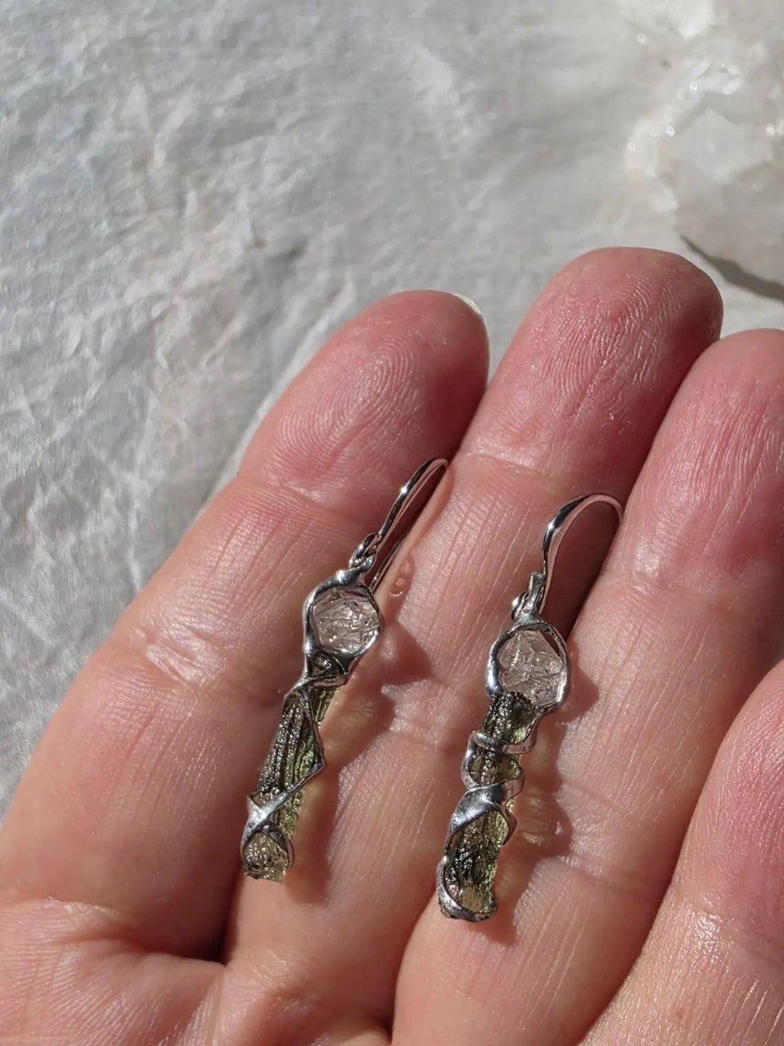 Raw Moldavite & Herkimer Diamond Earrings, Chlum, 0.80g