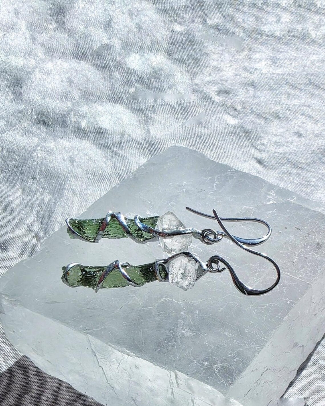 Raw Moldavite & Herkimer Diamond Earrings, Chlum, 0.80g