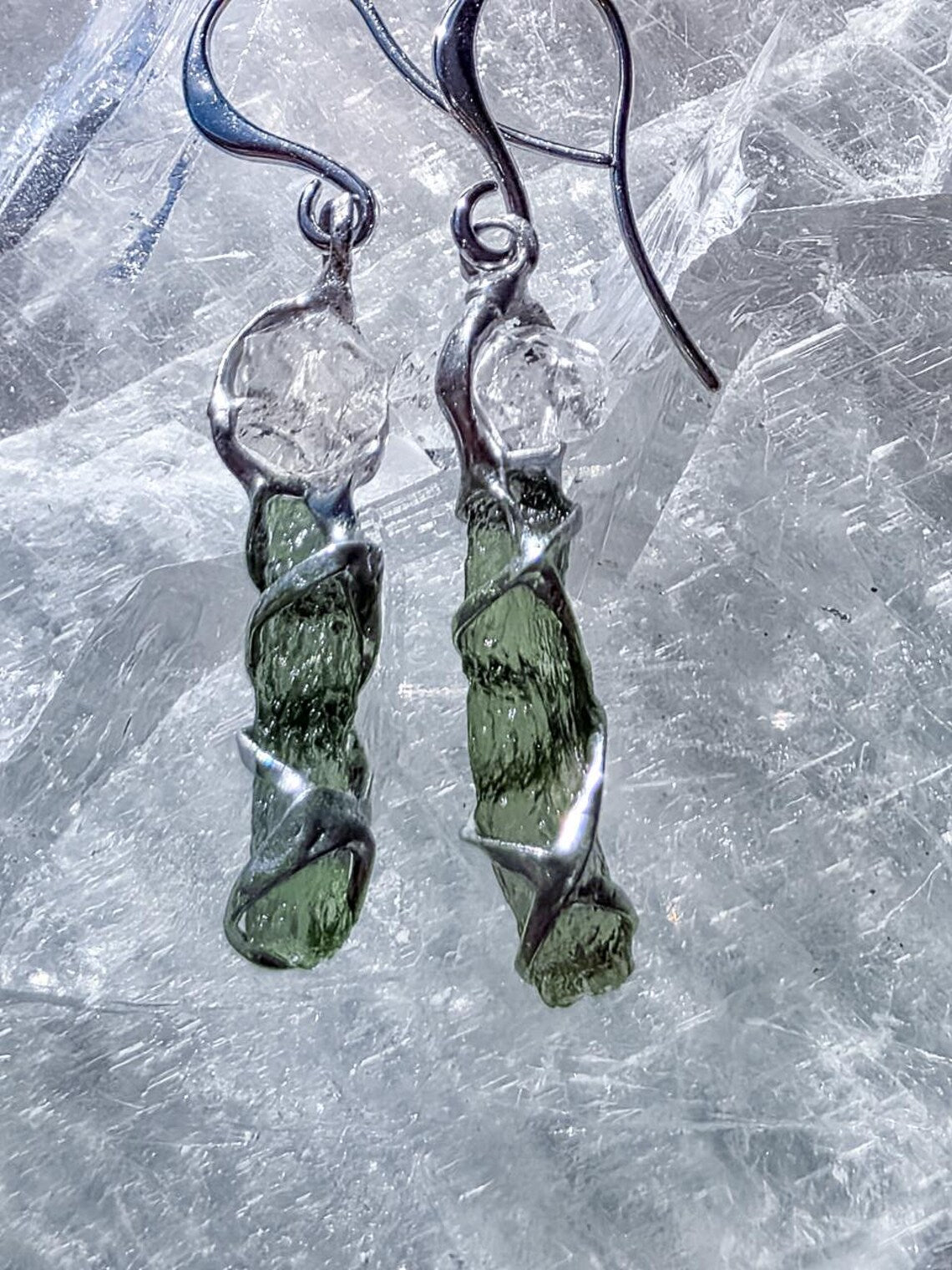 Raw Moldavite & Herkimer Diamond Earrings, Chlum, 0.80g