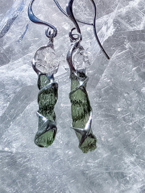 Raw Moldavite & Herkimer Diamond Earrings, Chlum, 0.80g