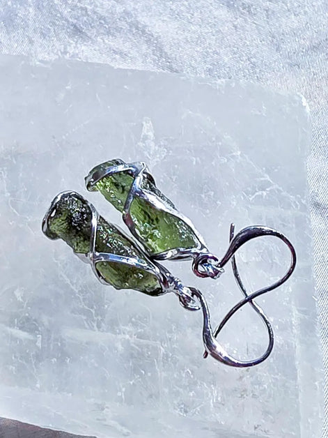 Raw Moldavite Stick Earrings, Chlum, 2g