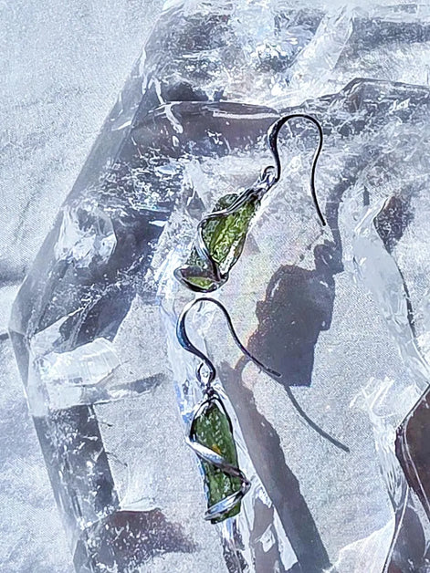 Raw Moldavite Stick Earrings, Chlum, 2g