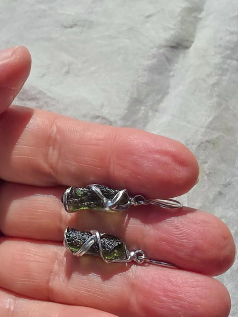 Raw Moldavite Stick Earrings, Chlum, 2g