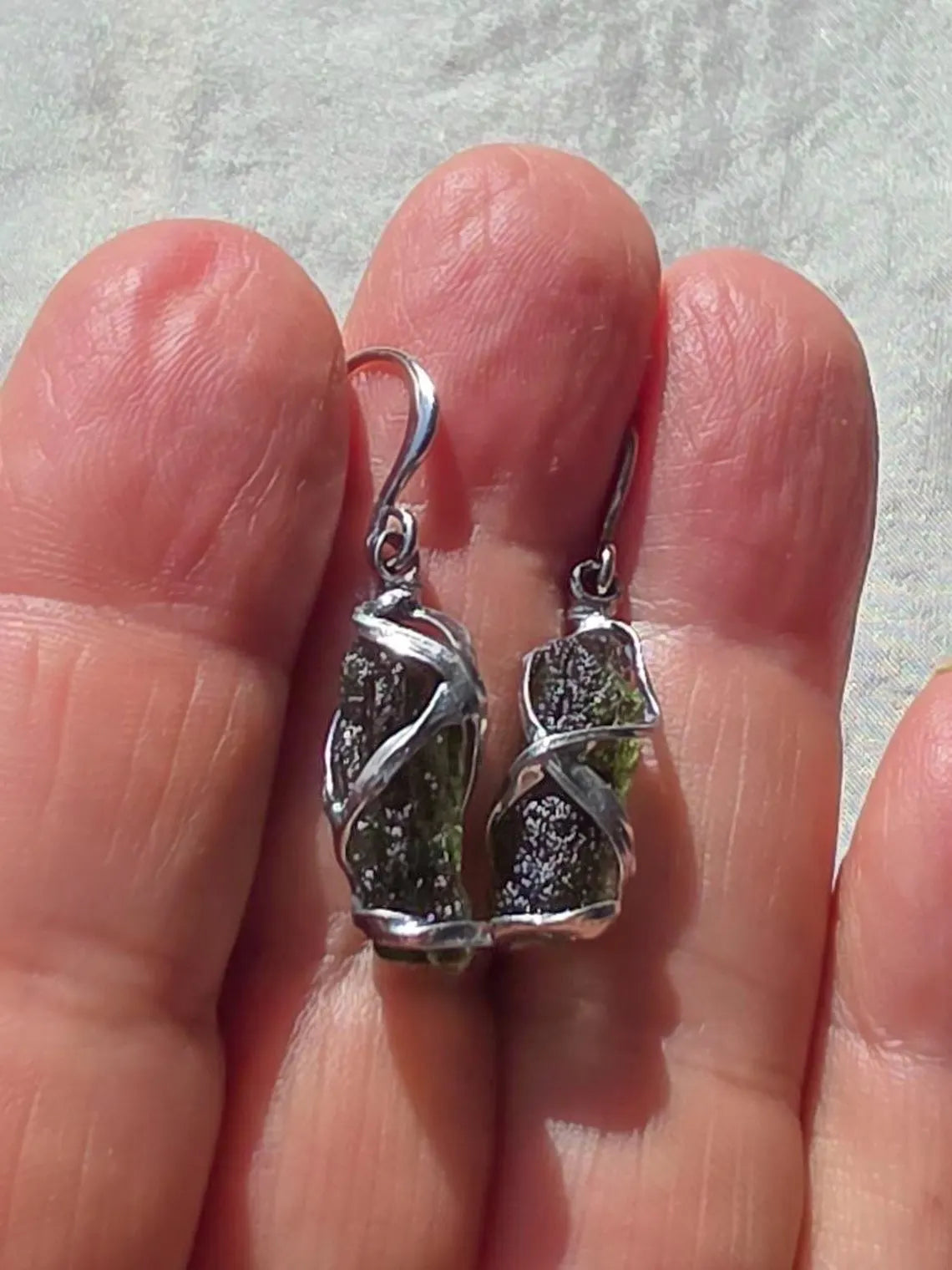 Raw Moldavite Stick Earrings, Chlum, 2g