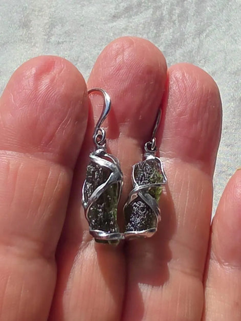 Raw Moldavite Stick Earrings, Chlum, 2g