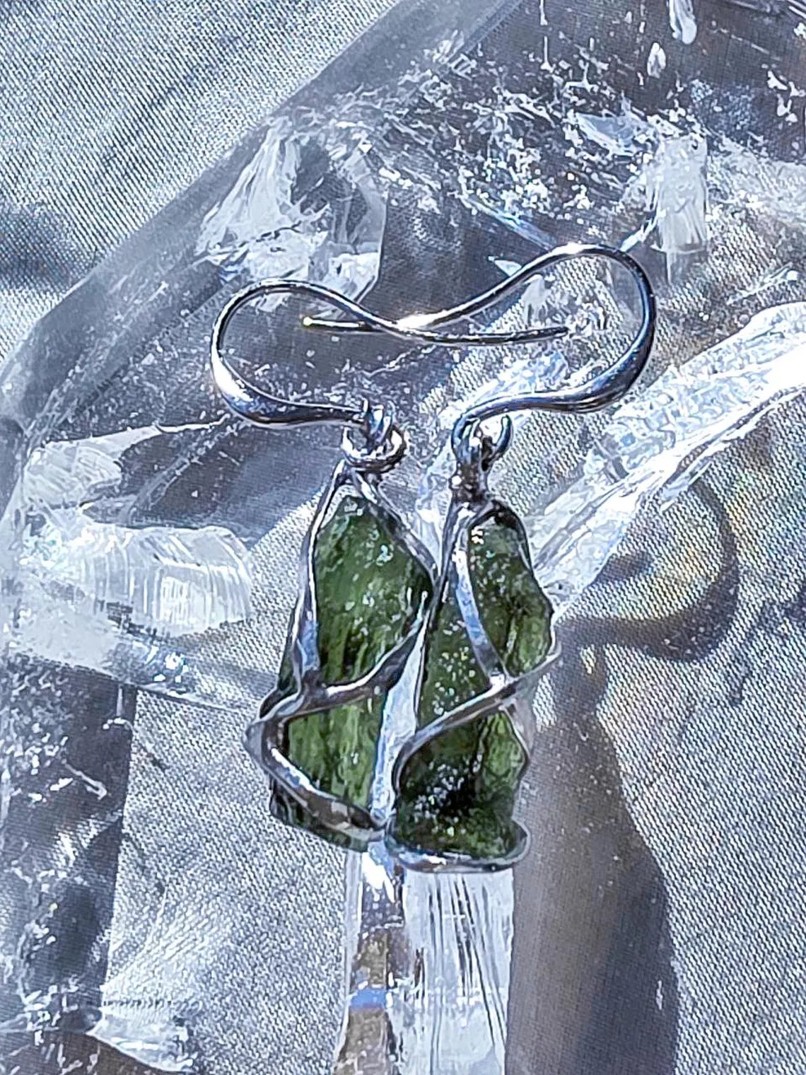 Raw Moldavite Stick Earrings, Chlum, 2g