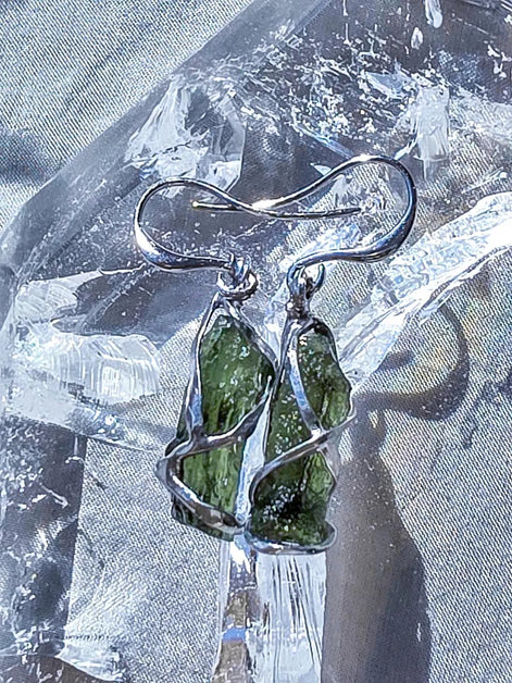 Raw Moldavite Stick Earrings, Chlum, 2g