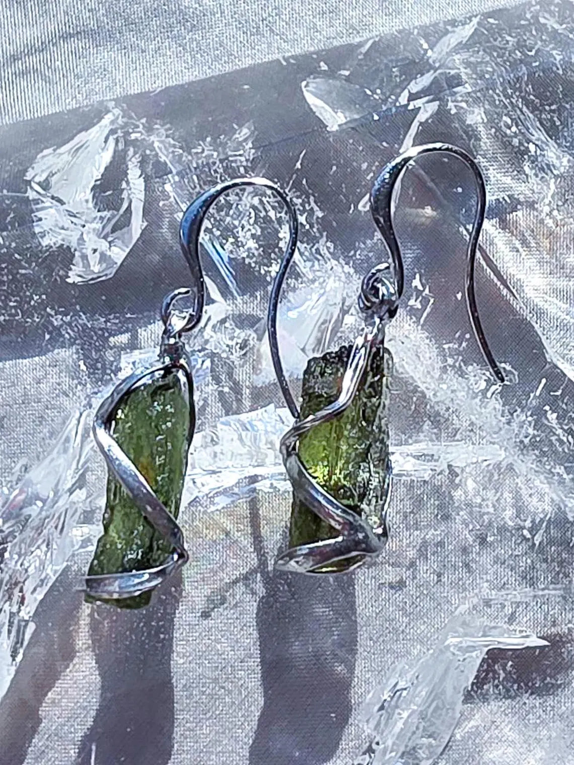 Raw Moldavite Stick Earrings, Chlum, 2g