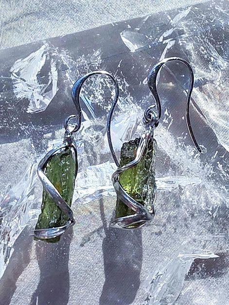 Raw Moldavite Stick Earrings, Chlum, 2g
