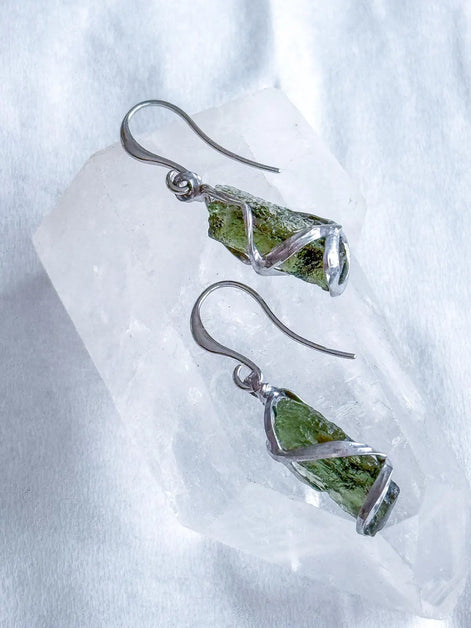 Raw Moldavite Stick Earrings, Chlum, 2g