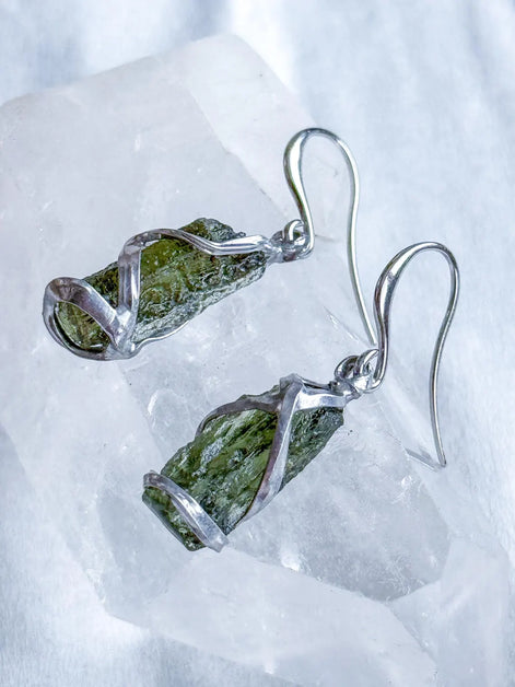 Raw Moldavite Stick Earrings, Chlum, 2g