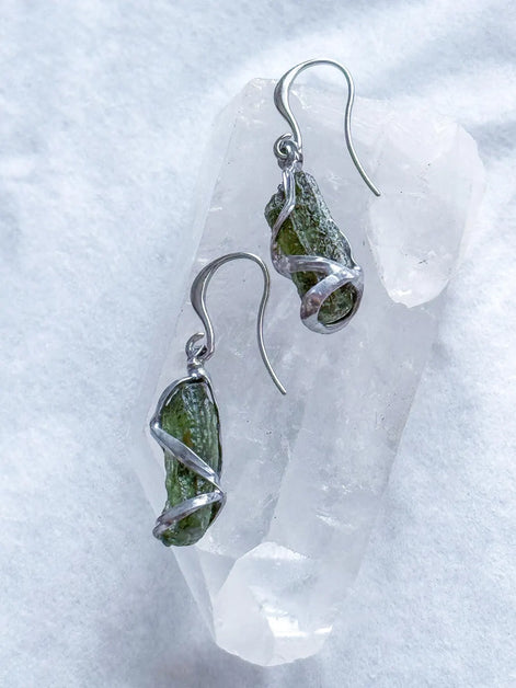 Raw Moldavite Stick Earrings, Chlum, 2g