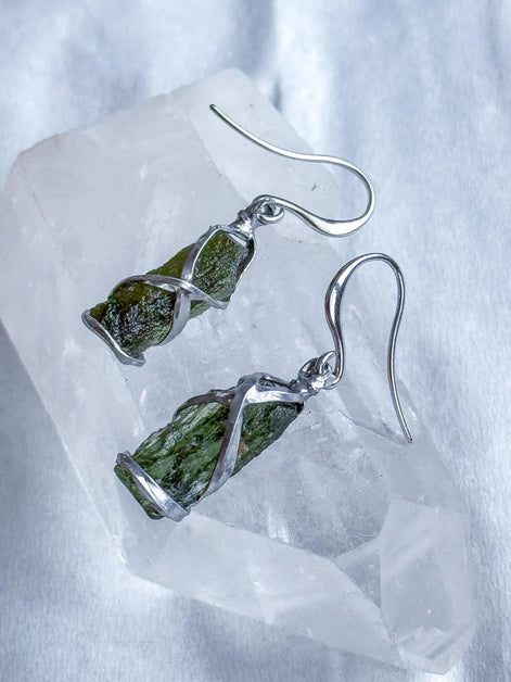 Raw Moldavite Stick Earrings, Chlum, 2g