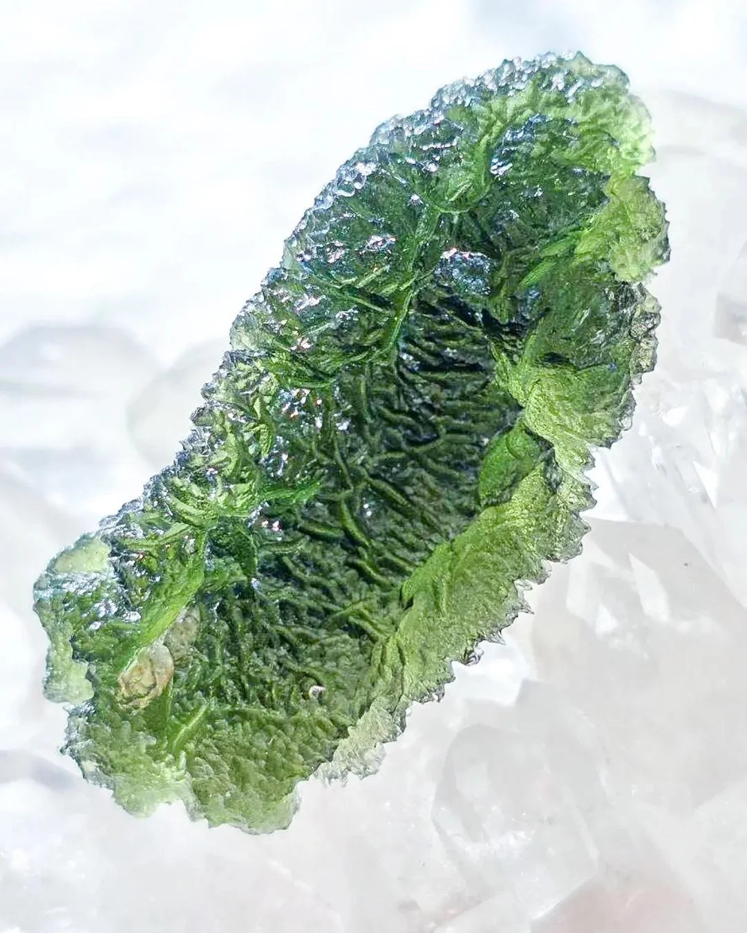 Large 20.74g pure green Moldavite from Nesměň les, Czech Republic with natural deep spiked sculpting