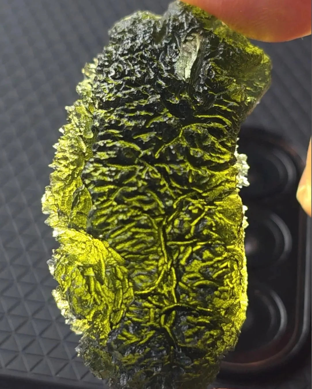 Large 20.74g pure green Moldavite from Nesměň les, Czech Republic with natural deep spiked sculpting