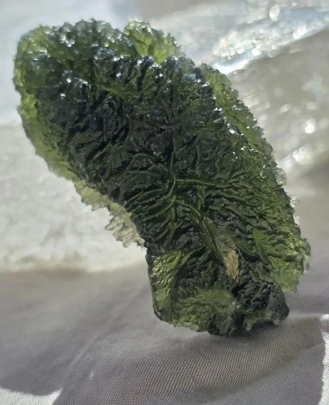 Large 20.74g pure green Moldavite from Nesměň les, Czech Republic with natural deep spiked sculpting