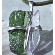 Pendant with 3.49g apple green moldavite from Ločenice and pale pink kunzite held by crossing metal bands.