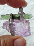 Handcrafted pendant with a 1.08g transparent green Moldavite from Chlum and Amethyst in a lead-free tin alloy setting with copper wire.