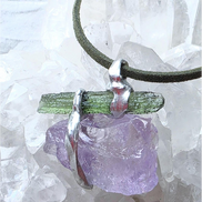 Handcrafted pendant with a 1.08g transparent green Moldavite from Chlum and Amethyst in a lead-free tin alloy setting with copper wire.