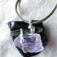 Handcrafted pendant with a 1.08g transparent green Moldavite from Chlum and Amethyst in a lead-free tin alloy setting with copper wire.