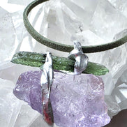 Handcrafted pendant with a 1.08g transparent green Moldavite from Chlum and Amethyst in a lead-free tin alloy setting with copper wire.