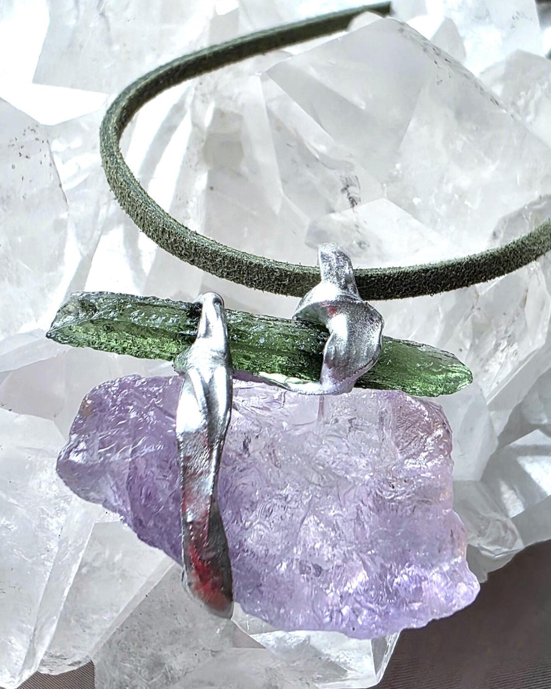 Handcrafted pendant with a 1.08g transparent green Moldavite from Chlum and Amethyst in a lead-free tin alloy setting with copper wire.